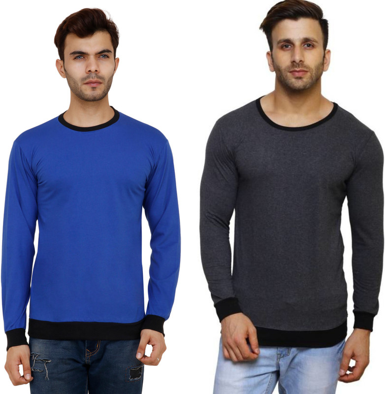 diwazzo Solid Men Round Neck Blue, Grey T-Shirt(Pack of 2)
