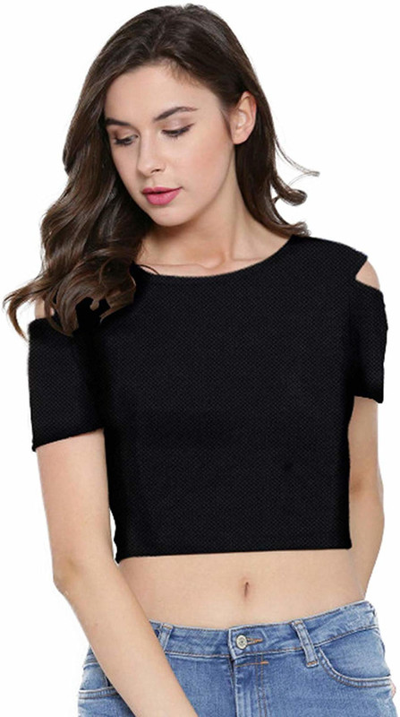 khyati Party Half Sleeve Solid Women Black Top