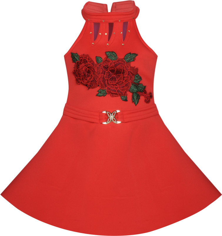 benkils Girls Midi/Knee Length Party Dress(Red, Sleeveless)