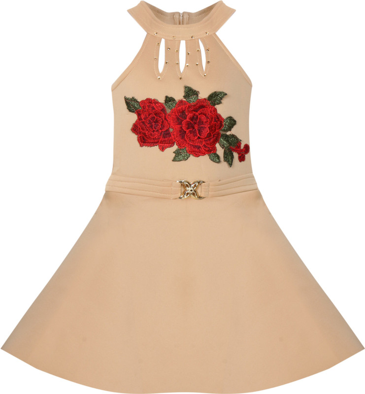 benkils Girls Midi/Knee Length Party Dress(Beige, Sleeveless)