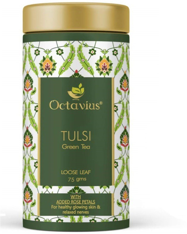 Octavius Tulsi Sweet Rose Green Tea Loose Leaf- 75Gms For Immunity Boost, Healthy glowing Skin|All Natural Blend|Floral Taste Tulsi, Rose Green Tea Tin(75 g)