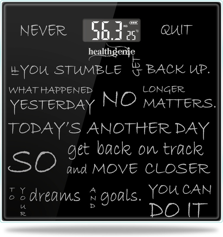 Healthgenie Rechargeable Digital Personal Scale for Human Body with Room Temperature Display Weighing Scale(Never Quit/black)