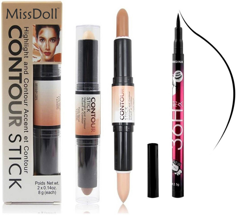 miss doll Highlighter Contour Stick (cream) and YANQINA 36H 3 g Eye Liner (Black - Pack 1) Highlighter(Beige)