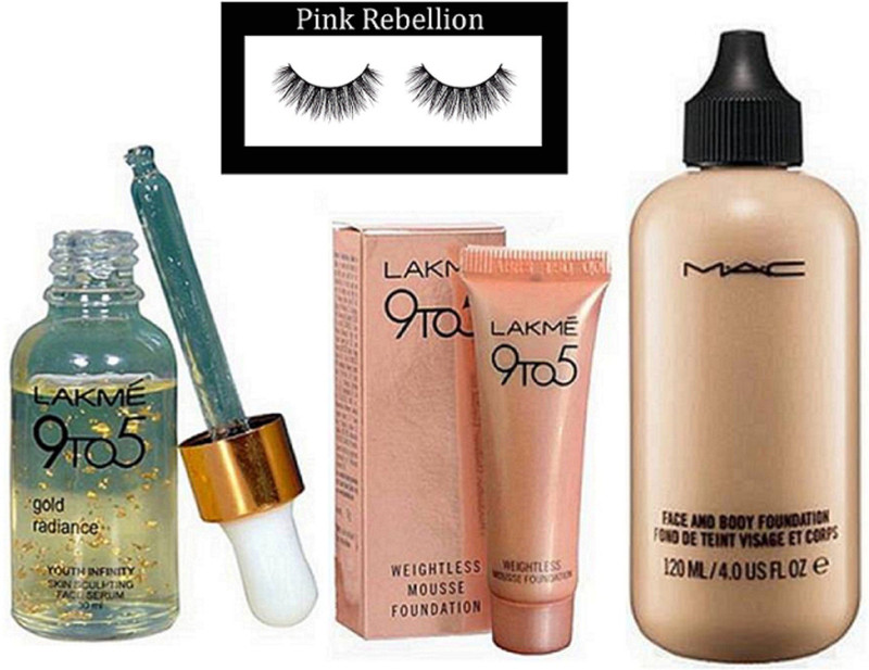 pink rebellion Eyelashes, Face & Body Liquid Foundation, 9to5 Mousse, 9 To 5 Serum(Set of 4)