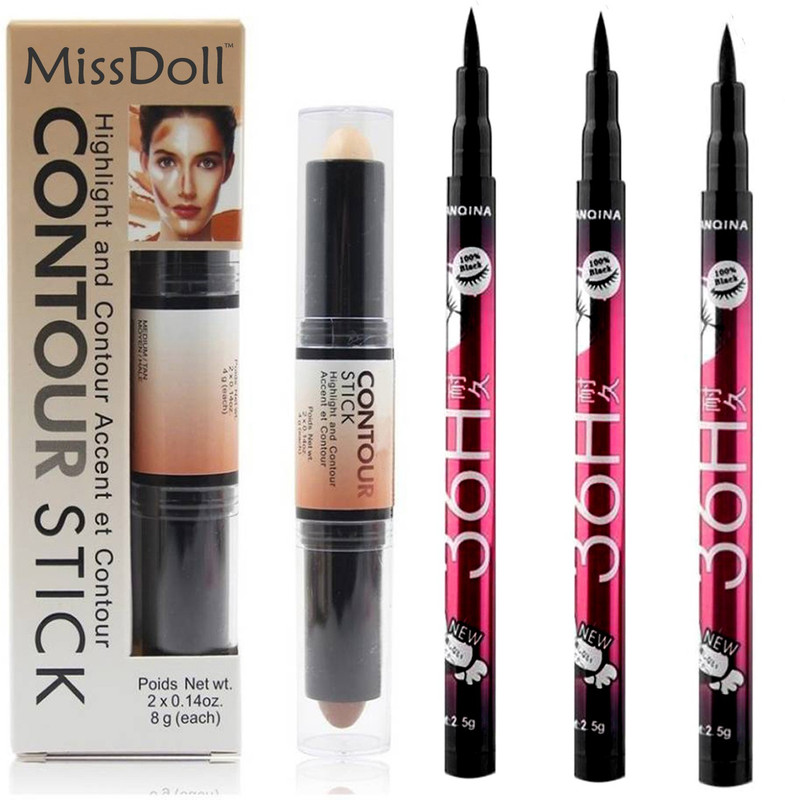 miss doll Highlighter Contour Stick (cream) and Yanqina36H 3g Eye Liner (Black Pack 3) Highlighter(Beige)