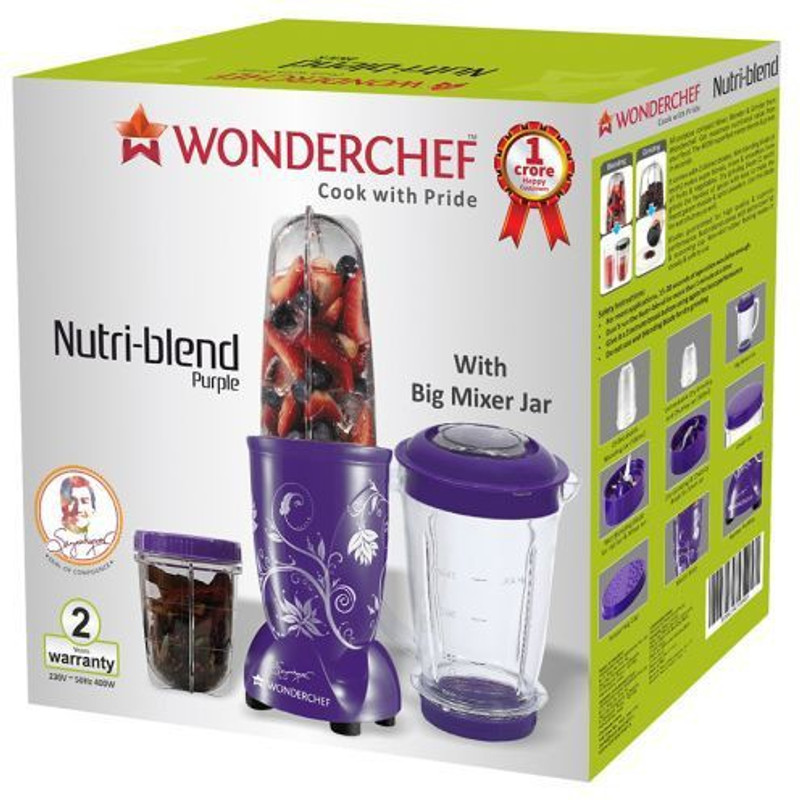 Wonderchef Nutriblend Compact Mixer Grinder Nutriblend Purple 400 W Compact Blender Grinder 400 Juicer Mixer Grinder(Purple, 3 Jars)