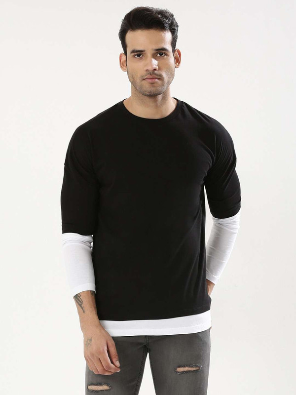 patelfabrics Color Block Men Round Neck Black, White T-Shirt
