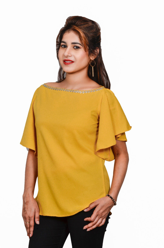 tunesia Party Butterfly Sleeve Solid Women Yellow Top