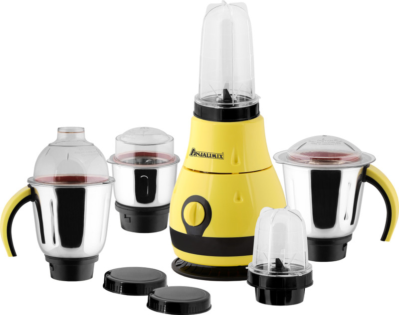 Anjalimix 5BJDGYELLOW750 Designo (Yellow) 750 Watts Smoothie Maker cum Mixer Grinder with 2 Bullet Jars & 3 S.S. Jars 750 Juicer Mixer Grinder(Yellow, 5 Jars)