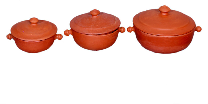 paramhans Kaan donga set - 3 pcs clay Handi 1 L, 1.5 L, 0.6 L with Lid(Earthenware)