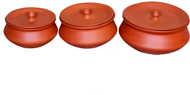 paramhans Large Degchi set -3 pcs -clay Handi 1 L, 1.8 L, 0.6 L with Lid(Earthenware)