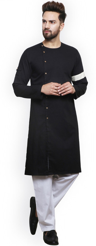 t1aero Men Solid Trail Cut Kurta(Black)