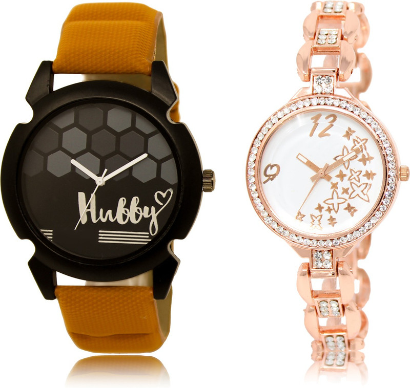 loretta Fresh Fashion LT_32_210 Blue Leather Strap & Rose Gold Diamond Metal Strap Round Dial Couple Combo Analog Watch  - For Boys & Girls