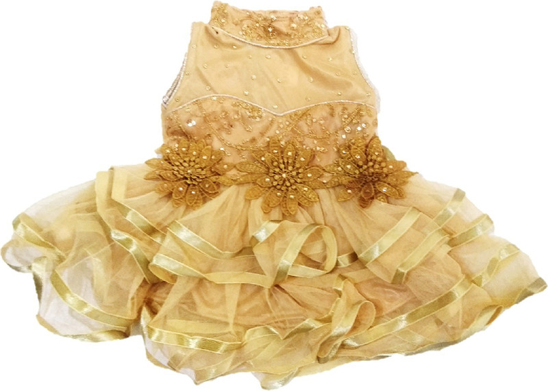 vva prime Girls Midi/Knee Length Festive/Wedding Dress(Gold, Sleeveless)