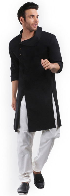 t1aero Men Solid Frontslit Kurta(Black)