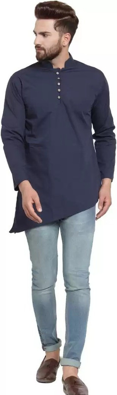 t1aero Men Solid Asymmetric Kurta(Dark Blue)