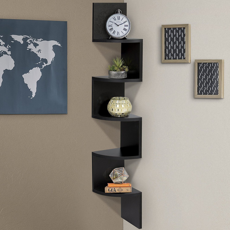 sunshine wood Decor your home with Zigzag Corner Wall Mount Shelf MDF (Medium Density Fiber) Wall Shelf(Number of Shelves - 5, Black)
