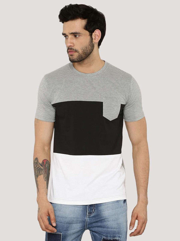 patelfabrics Color Block Men Round Neck Grey, White, Black T-Shirt