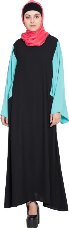 Nazneen NHF50Contrast Sleeve Casual(L) Nida Solid Abaya With Hijab(Black)