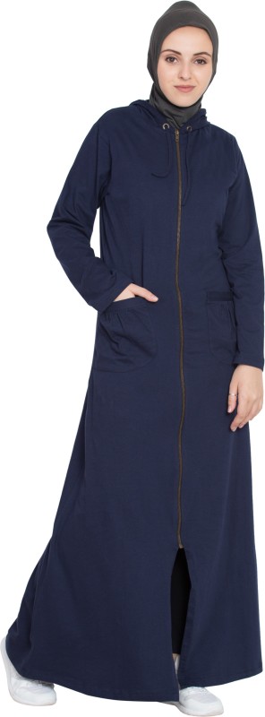 Nazneen NHF97front open patch pocket, hood travel(L) Cotton Blend Solid Abaya With...