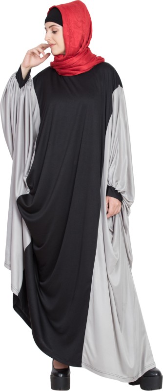 Nazneen NHF104Kaftan style contrast Black Grey Irani(L) Polycotton Solid Abaya With Hijab(Black,...