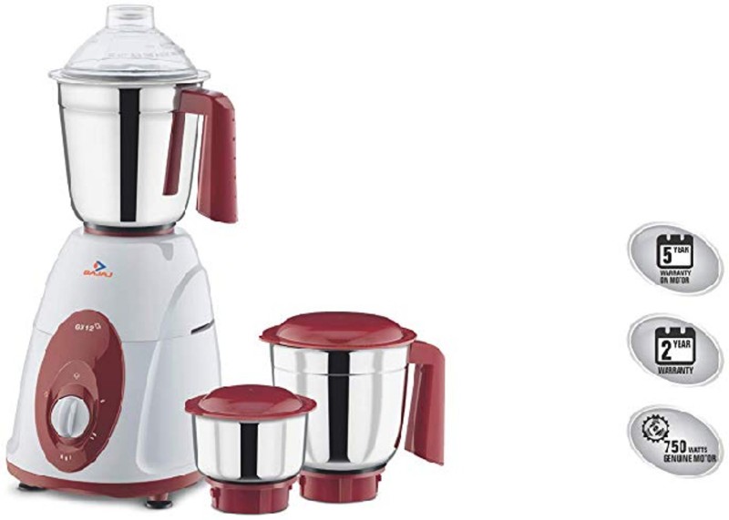 Bajaj B010FVGG8I Classic 750-Watt Mixer Grinder with 3 Jars (White and Maroon) 750 Mixer Grinder(White & Maroon, 3 Jars)