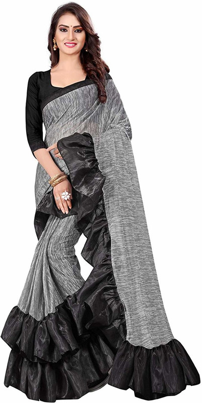 owee Self Design Bollywood Poly Georgette Saree(Grey, Black)
