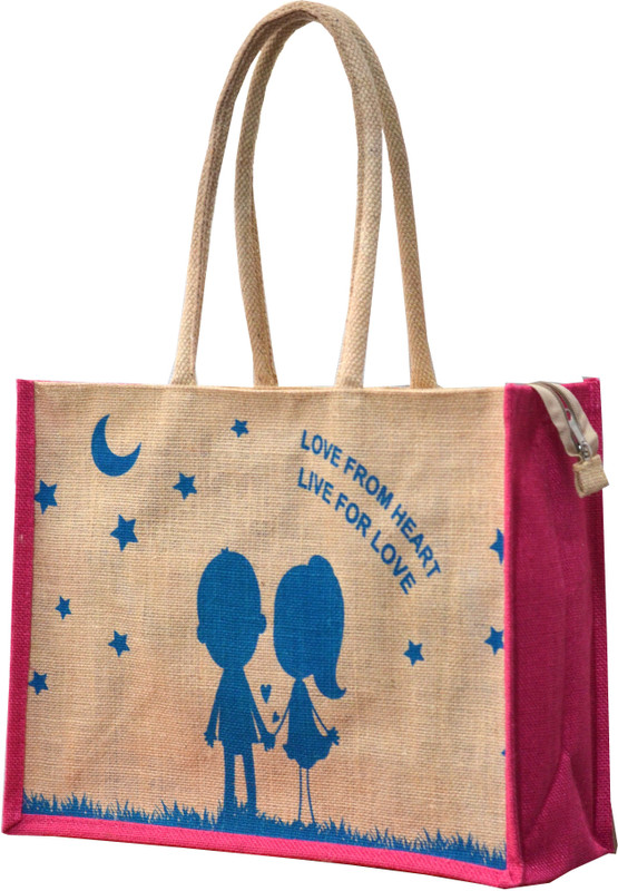 AGGDA Jute Shopping Grocery Bag Printed with Family is Everyting Medium Size with Long Cotton Rope Handle Women Tote Bag and Lunch Bag Waterproof Multipurpose Bag(Pink, 16 L)