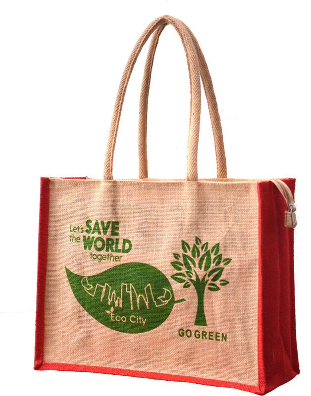AGGDA Jute Shopping Grocery Bag Printed with Green City Medium Size with Long Cotton Rope Handle Women Tote Bag and Lunch Bag Waterproof Multipurpose Bag(Green, 16 L)