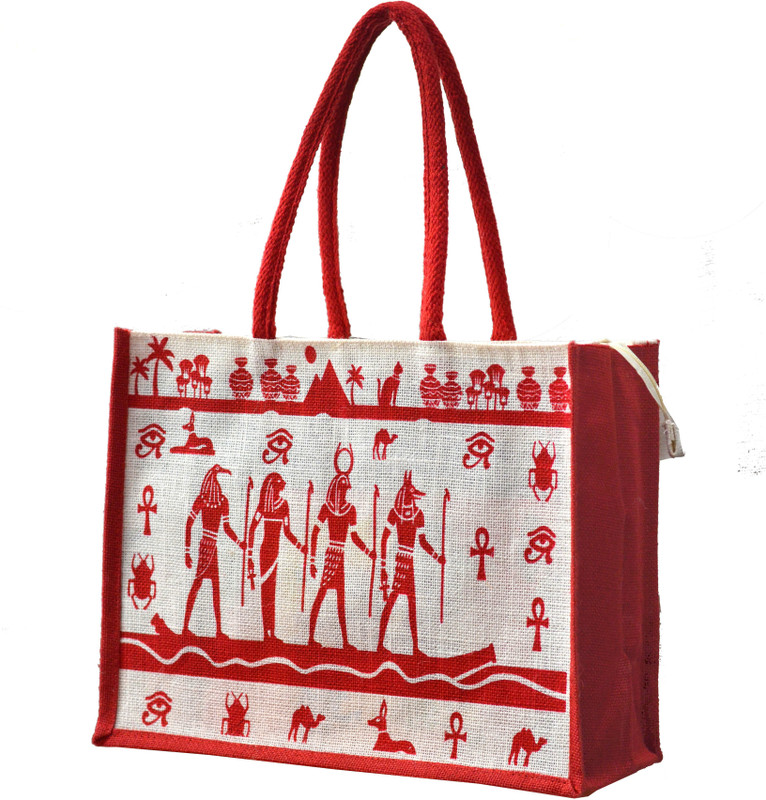 AGGDA Jute Shopping Grocery Bag Printed with Egypt Theme Medium Size with Long Cotton Rope Handle Women Tote Bag and Lunch Bag Waterproof Multipurpose Bag(Red, 16 L)