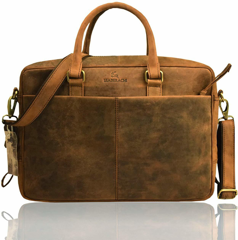 Leaderachi Wax Hunter Leather Laptop Briefcase Bag [Hobart] Large Briefcase - For Men & Women(BROWN)