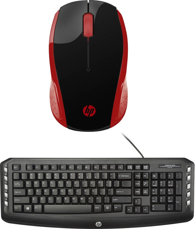 HP Multimedia Wired Keyboard (English)-C2600-Black-Wireless Mouse-HP200 BR_ Red Combo Set