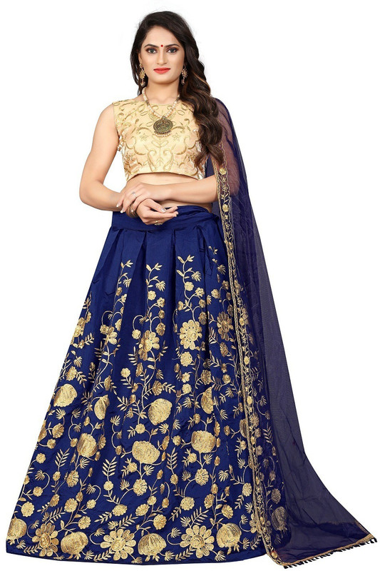 jinnar Embroidered Semi Stitched Lehenga, Choli and Dupatta Set(Blue)