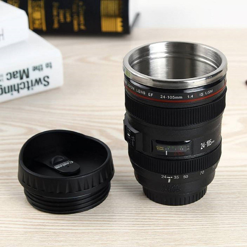 infinity11 Super Classic Camera Lens Shaped Coffee With Lid, 400 Ml, Black (Mug) Plastic (400 ml) Stainless Steel, Plastic Mug(400 ml)