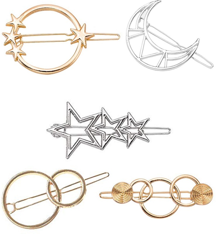 FOK 5 Piece Minimalist Moon Star Sun Design Pin For Girls Women Hair Clip(Gold, Silver)