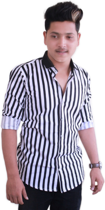 highder Men Striped Casual White Shirt