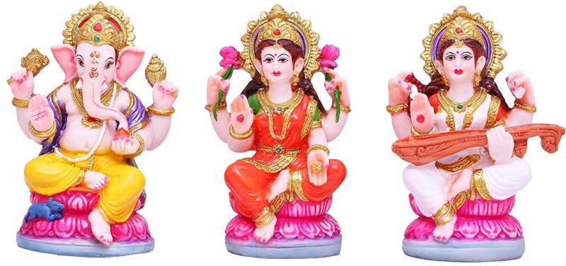 Lvi Craft Marble Set of 3 Laxmi Ganesha Saraswati Idol Maa Devi Lakshmi Ganesh Statue for Home Office Decor Puja Gifts Decorative Showpiece  -  12 cm(Marble, Multicolor)