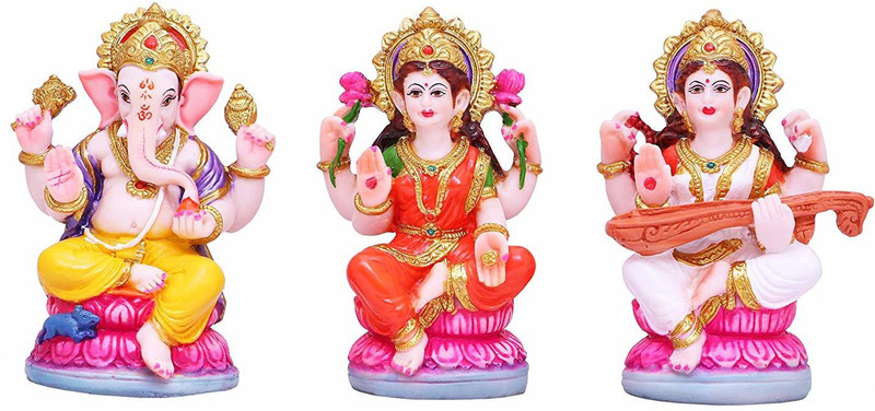 Lvi Craft Marble Set of 3 Laxmi Ganesha Saraswati Idol Maa Devi Lakshmi Ganesh Statue for Home Office Decor Puja Gifts Decorative Showpiece  -  12 cm(Marble, Multicolor)