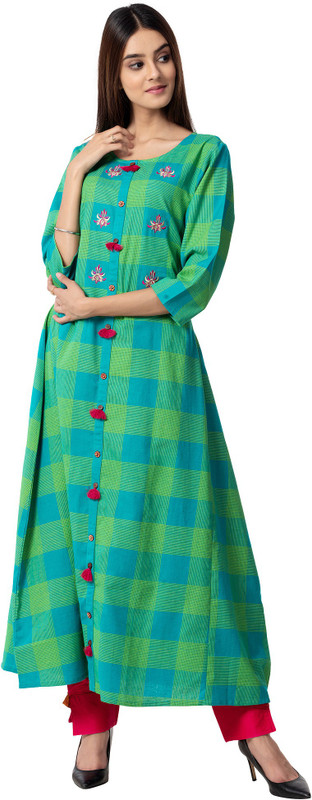 vasvi Casual Checkered Women Kurti(Green, Blue)