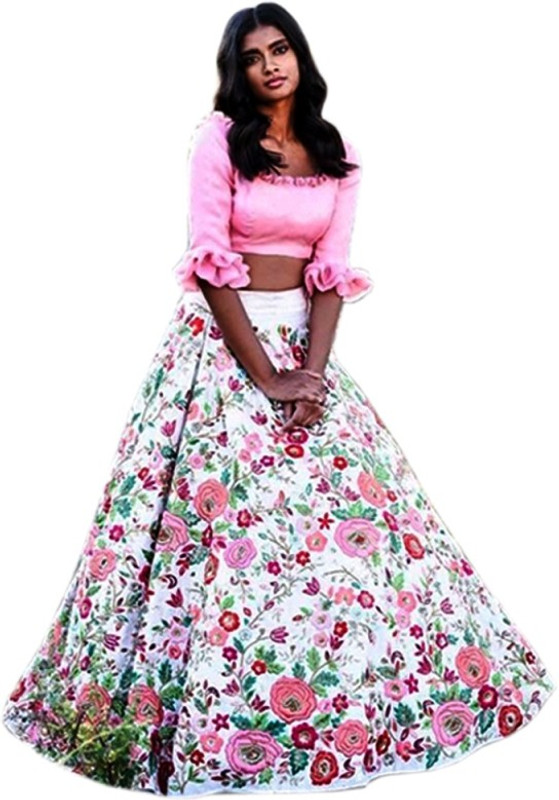 astha bridal Embroidered, Floral Print Semi Stitched Lehenga & Crop Top(White, Pink)
