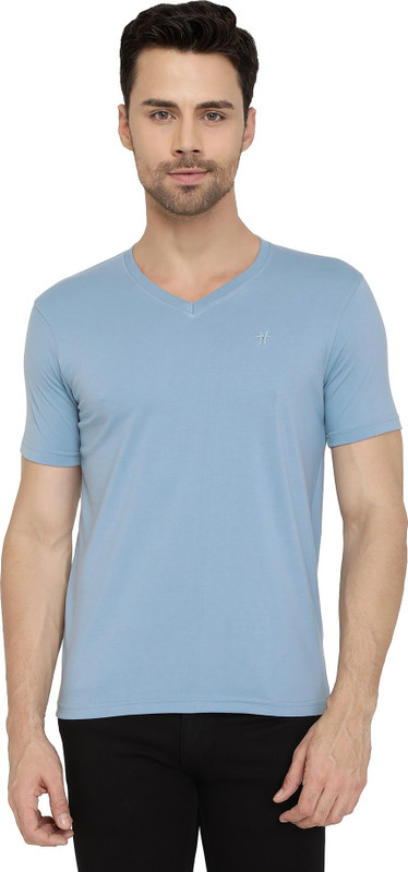 two tribes Solid Men V Neck Light Blue T-Shirt