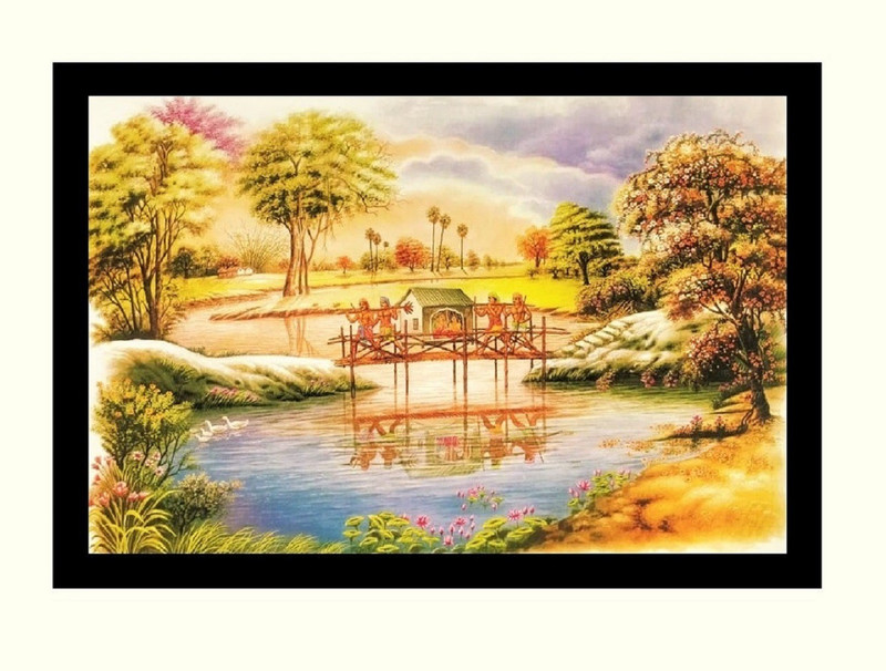 Village Painting Sparkle Print Wall Sticker Poster Without Frame Fine Art Print(20 inch X 28 inch, Rolled Over Hard Cardboard Pipe)