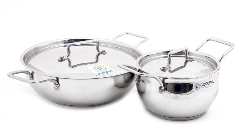 Coconut Stainless Steel Rexona Pot & Kadai with Lids - Thick Triply Bottom (Sandwich Bottom) Cookware & Serveware - Set of 2 Pot 1000 L, 1500 L with Lid(Stainless Steel, Induction Bottom)