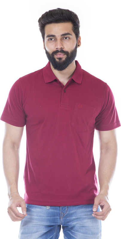 moudlin Solid Men Polo Neck Maroon T-Shirt