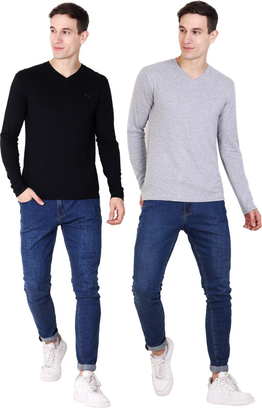 limited colours Solid Men V-neck Black, Grey T-Shirt(Pack of 2)