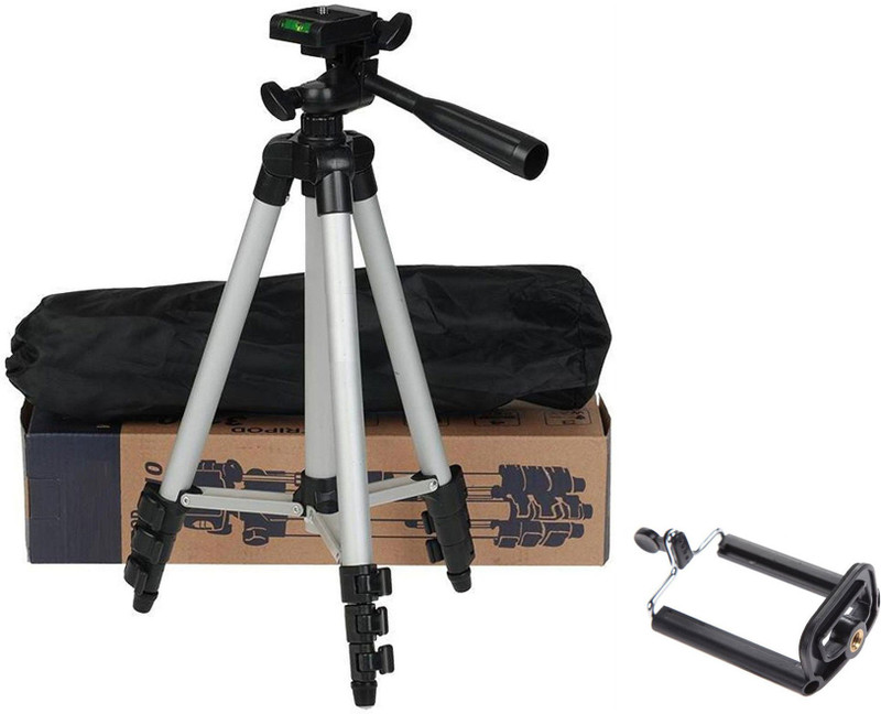 snowbudy 3110 3Way Head Adjustable Aluminum 35cm To 105cm Extendable Camera-Tripod With Mobile holder Bracket And Bag Tripod(Silver, Black, Supports Up to 1500 g)