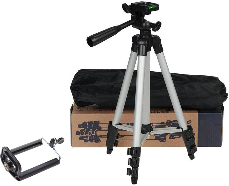 snowbudy Tripod 3110A 3-Way Head, Built in Level, Aluminium Legs, Quick Lever Lock Mini Tripod for phone and camera | Foldable Tripod Stand for Mobile Camera, DSLR, Smartphone & Action Cameras Tripod(Silver, Black, Supports Up to 1500 g)