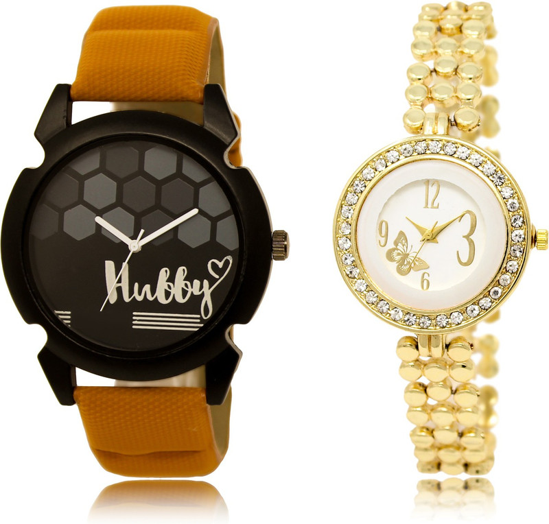 loretta Fresh Fashion LT_32_203 New Hubby Leather Strap & Gold Chain Metal Strap Round Dial Couple Combo Analog Watch  - For Boys & Girls