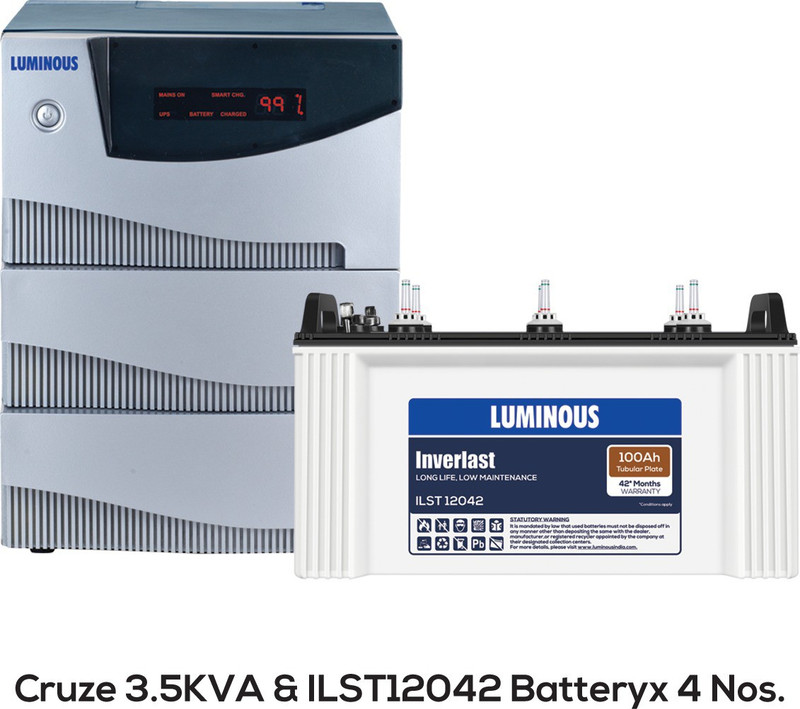 Luminous Cruze 3.5KVA Inverter with ILST12042 100AH Short Tubular Battery (4 Batteries) Tubular Inverter Battery(100Ah)