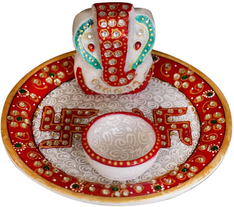 lalitahandicraft Marbel pooja thali 6 Inches Marble(1 Pieces, White, Red)